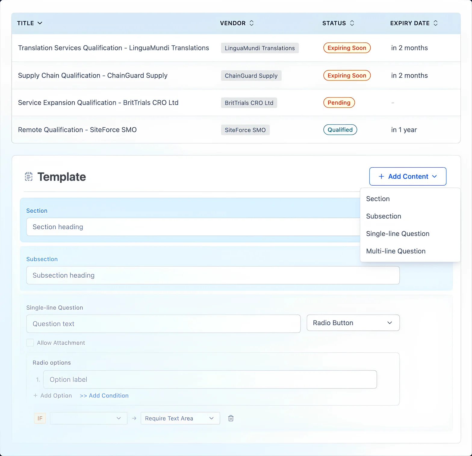Qualification detail — form builder with sections and questions