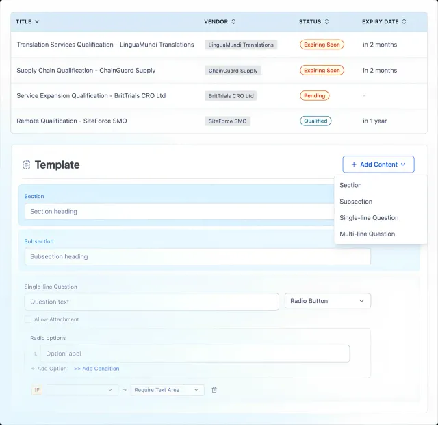 Qualification detail — form builder with sections and questions