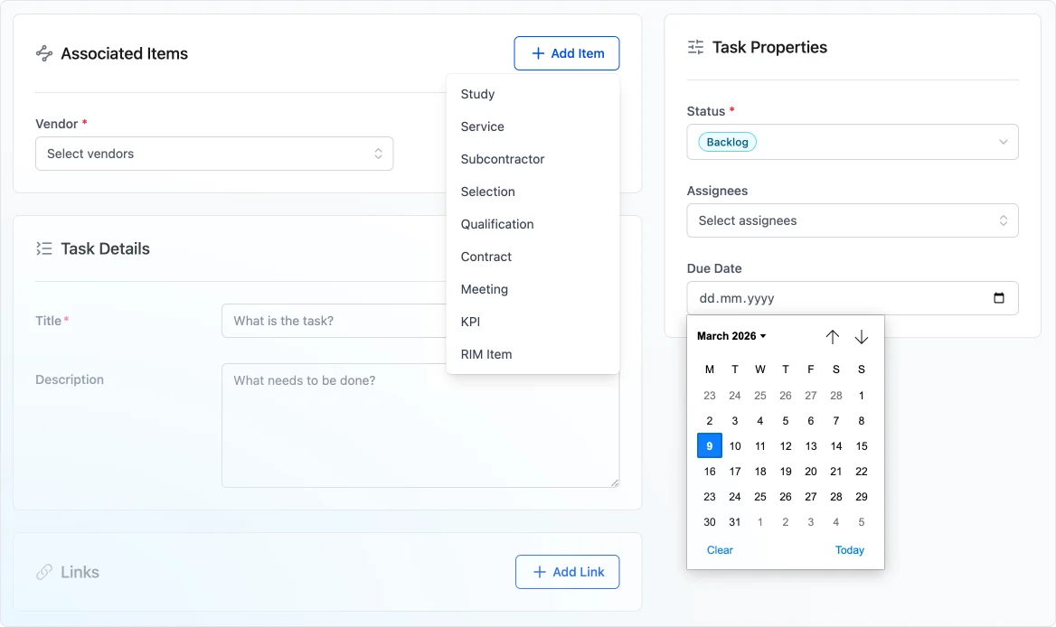 Task list — filtered by vendor with status and due dates