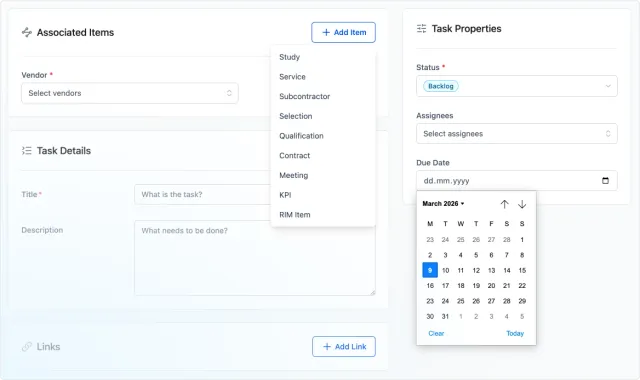 Task list — filtered by vendor with status and due dates
